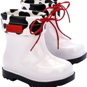 Mini Melissa White Kids Rain Boots with Black Cow Print Cuff and Red Laces